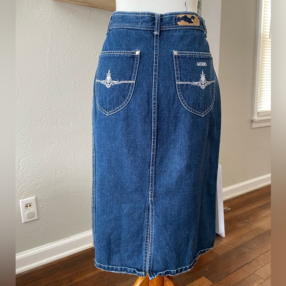 Vtg 70/80s Gitano Dark Wash Denim Jean Classic Western A-Line MIDI Skirt - Picture 5 of 11
